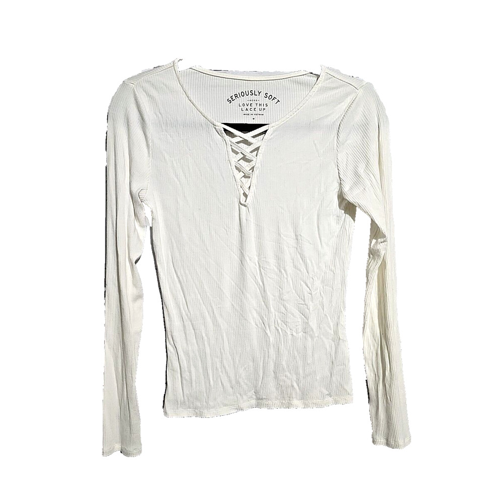 Y2k Aeropostle Preppy Long Sleeve Ribbed Fitted White Top Gilmore Girls Woman Md